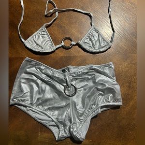 New with Defects Micro Tri-Top Booty Short Bottom Lame Damaged Silver Bikini